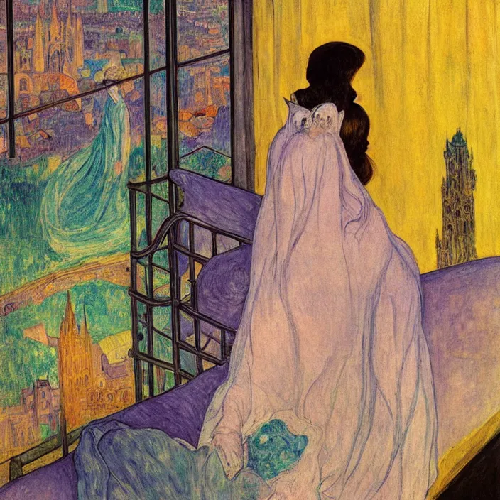 Image similar to close portrait of woman in transparent vaporous night gown with cat and aloe vera, with city with gothic cathedral seen from a window frame with curtains. sun through the clouds, vivid iridescent colors. agnes pelton, egon schiele, munch, henri de toulouse - lautrec, utamaro, monet