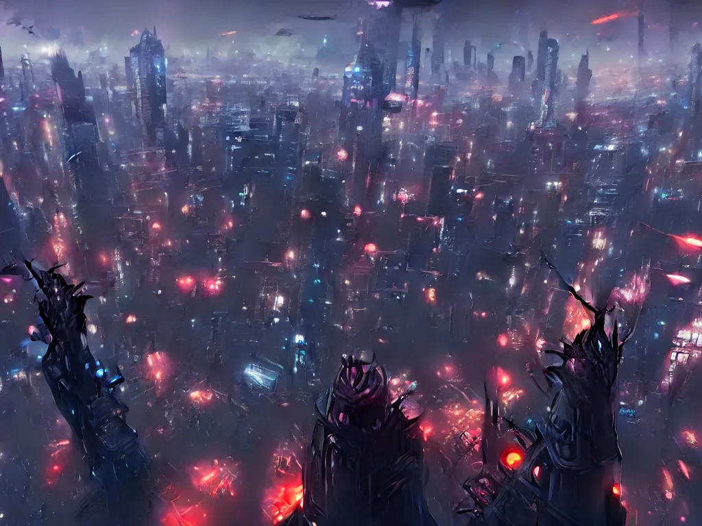 Prompt: looking down on the cyberpunk city from a battleship. cinematic scene, hyperdetailed, extra wide, japanese animation, greg rutkowski, james gurney, johannes voss, marc simonetti on artstation.