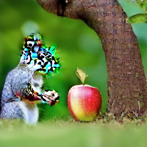 Image similar to A squirrel gives an apple to a bird