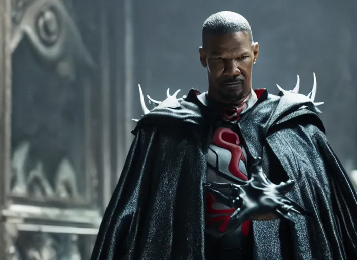 Image similar to film still of jamie foxx as spawn in the new spawn movie, giant chains, large cape, 8 k