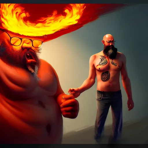 Prompt: bald boxer with chest tattoos with van dyke black beard on fire, digital art, cinematic, concept art, 8k, painting, imaginefx, cgsociety, syd mead, trending on artstation, wide shot, full shot