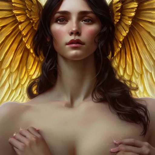 Prompt: wide angle full body portrait of an angel with a perfect face and perfect body crying, golden wings, intricate, highly detailed, digital painting, artstation, concept art, smooth, sharp focus, illustration, Unreal Engine 5, 8K, art by artgerm and greg rutkowski and alphonse mucha
