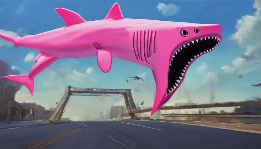 Image similar to an oil painting of a giant pink shark falling out of a blue sky onto cars on a busy bridge, artstation, cinematic lighting