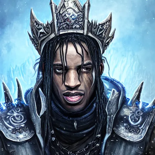 Prompt: a matte full likeness painting of travis scott as the lich king wearing a crown made of ice, icey, world of warcraft, digital art, fantasy, realistic lighting, in the style of greg rutkowski