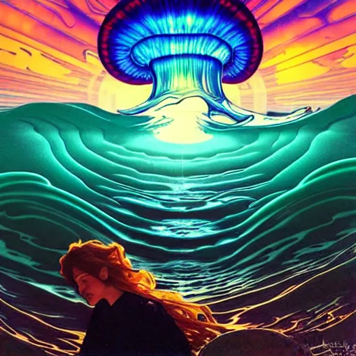 Prompt: ocean wave around giant psychedelic mushroom, lsd water, dmt waves, backlit, sunset, refracted lighting, art by collier, albert aublet, krenz cushart, artem demura, alphonse mucha