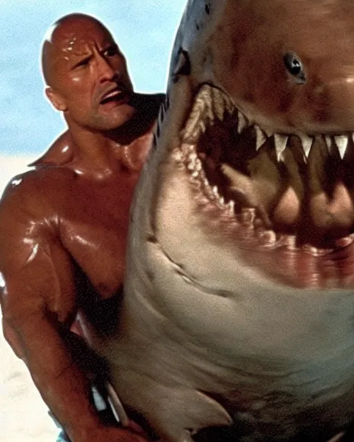 Image similar to film still close up shot of dwayne johnson wrestling with a shark in the movie jaws. photographic, photography