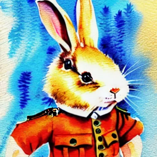Prompt: water colour illustration of a rabbit wearing a ww1 uniform