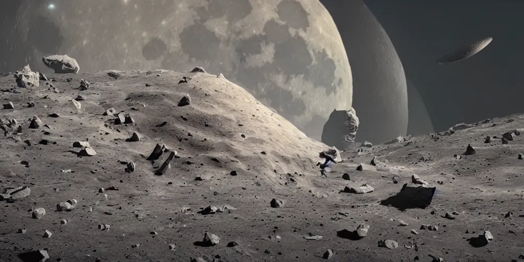 Image similar to huge asteroid impacting the moon, a lot of flying debris, greg rutkowski, 8 k, shallow depth of field, ultra high detail, concept art,