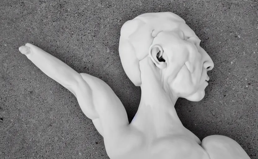 Image similar to human body made from white clay, head and hair, posing, sss, white solid, pale skin