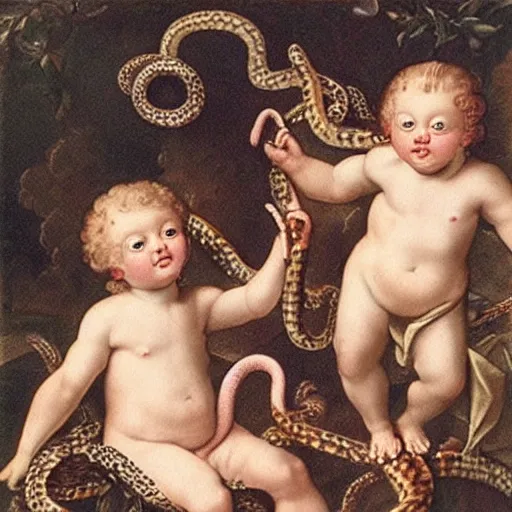 Image similar to cherubs with snakes for hair, extremely detailed, a baroque painting, rococo style