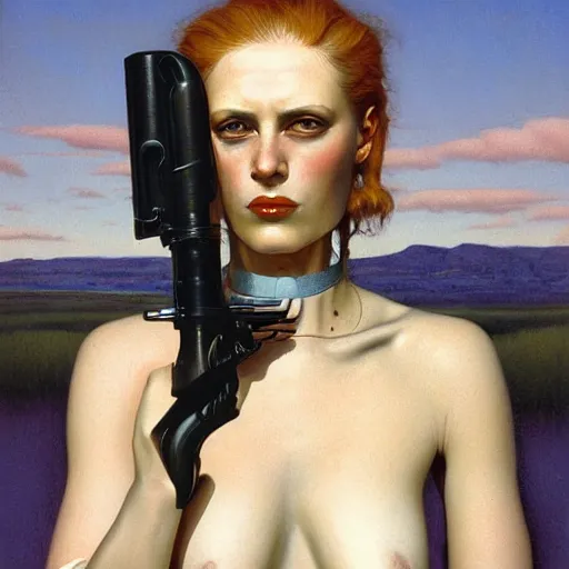 Image similar to portrait of a woman with a shotgun prosthetic, by gerald brom