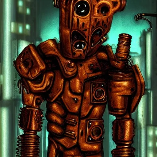 Image similar to cute metallic rusted old cyberpunk dark monster