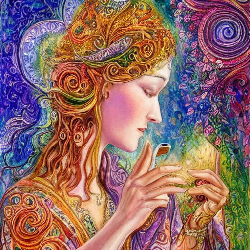 Prompt: a nature goddess checking her cell phone by josephine wall, acrylic on canvas, intricately detailed