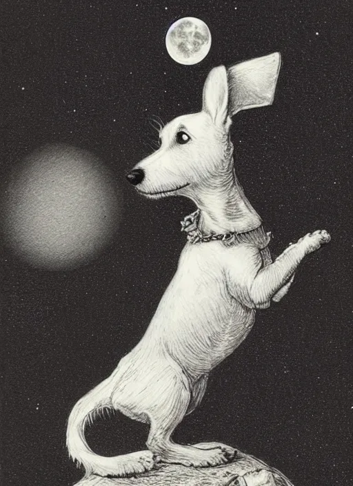 Image similar to candid portrait of jack russel dog looking up barking at the moon, from behind, night sky, highly detailed, illustrated by peggy fortnum and beatrix potter and sir john tenniel