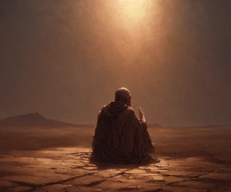 Image similar to lonely wanderer sitting at lap praying in desert, lit by the light of gods, abandoned by gods, hyperdetailed artstation cgsociety by greg rutkowski and by Gustave Dore