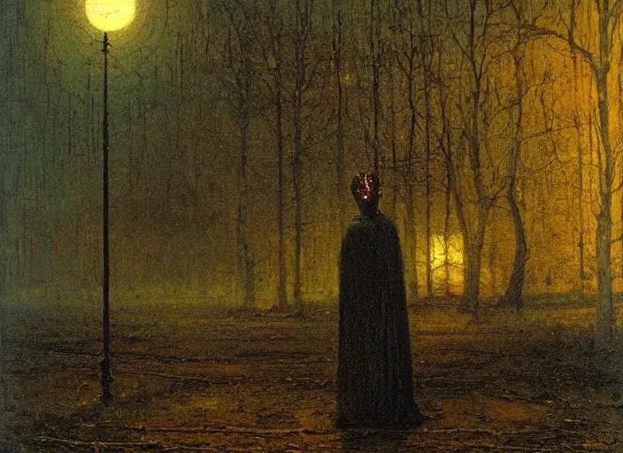 Prompt: beautiful and haunting horror oil painting of a luminous specter by Brian Dugan and John Atkinson Grimshaw