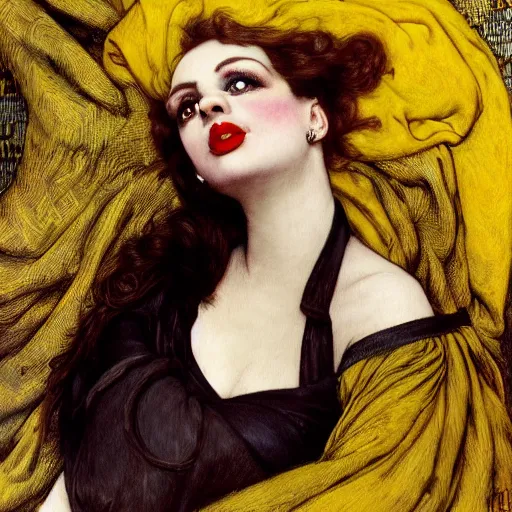 Prompt: hybrid of judy garland and lady gaga, brown fringe, large beautiful facial features, huge downslanted eyes, large full lips, full body shot, reclining bed cool stylish, yellow ochre ornate medieval dress, john william waterhouse, kilian eng, rosetti, john everett millais, william holman hunt, william morris, 4 k