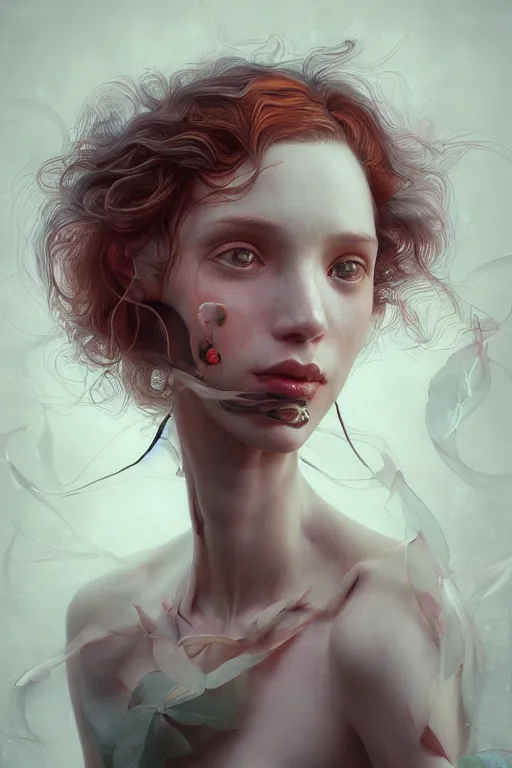 Prompt: A surreal painting causing skewed and negative outcomes in this gorgeous female portrait, in the style of James jean, Brian froud, ross tran, realistic 3D, digital art, insanely detailed, octane render, unreal engine, hyper-realistic, super detailed