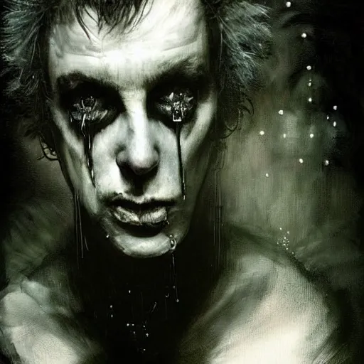 Image similar to stunning portrait of gaunt sid vicious a ( the cure fan ) as dream from sandman, dim stars as eyes, by jeremy mann, by cedric peyravernay, by by russ mills, by richard avedon and ben templesmith, dramatic lightning, sadness, dark eye sockets, in the shadows, punk rock, gothic, high detailed, 8 k