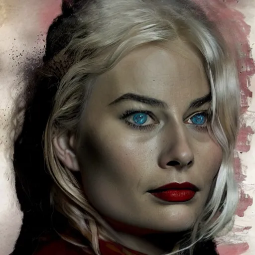 Prompt: Margot Robbie is the fat grandma haunting my dreams, by Dave McKean