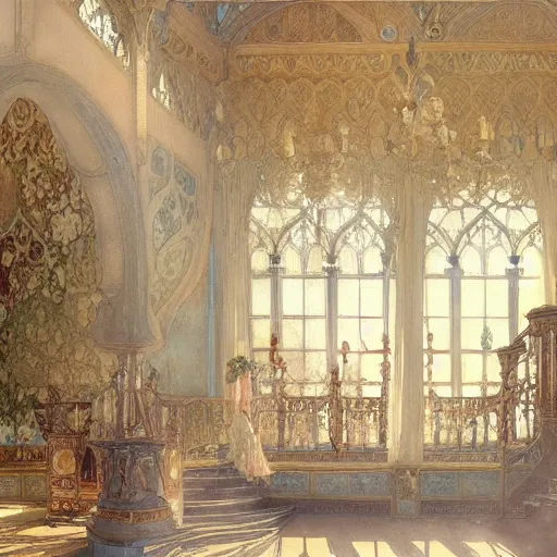 Image similar to a beautifull intricate watercolour painting of a ballroom, reflexions, verry high details by william turner art, greg rutkowski and alphonse mucha, trending on artstation, very very detailed, masterpiece, muted colors