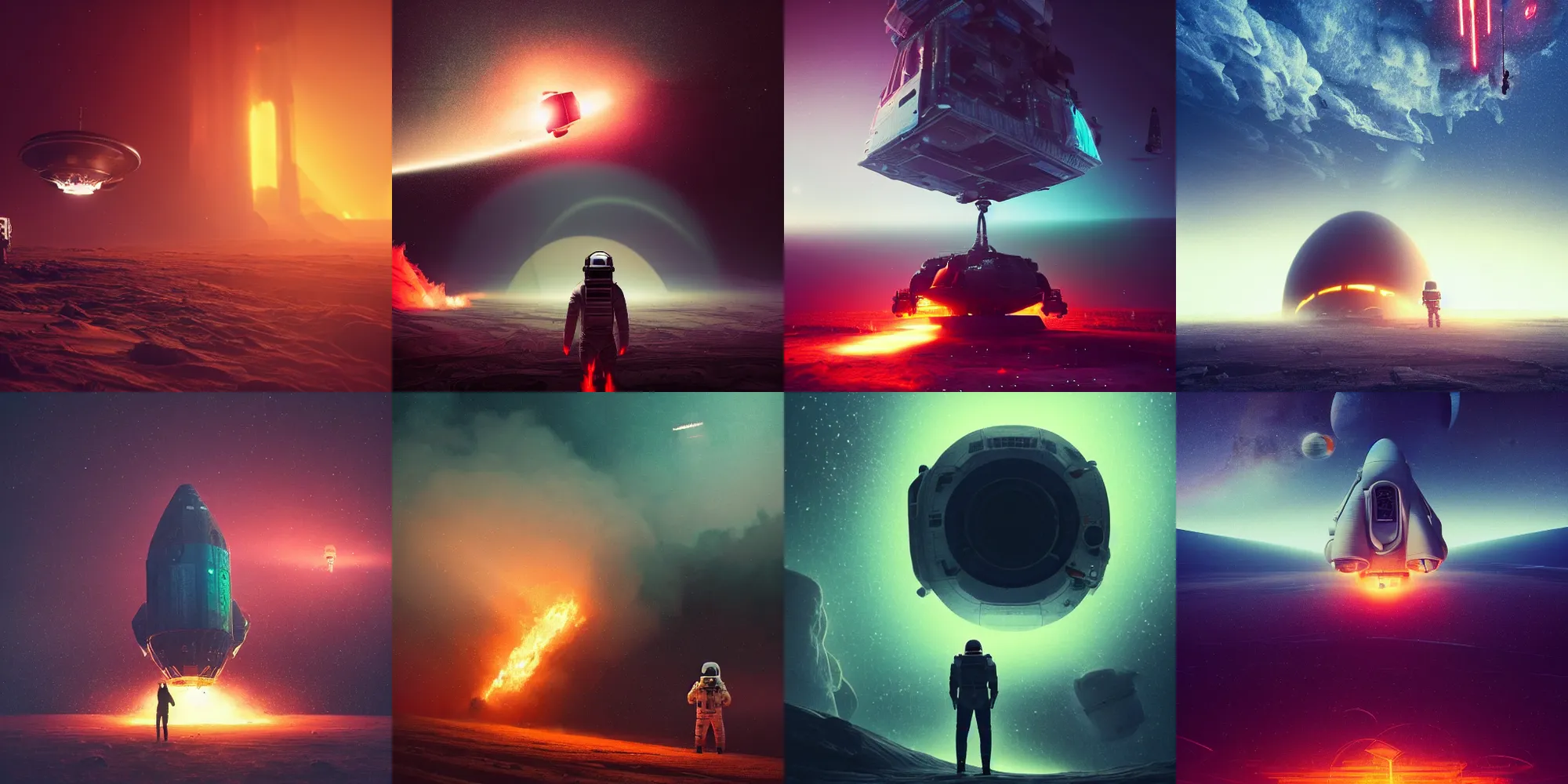 Prompt: beautiful dark landscape, astronaut standing looking, wrecked spacecraft on fire, in the style of beeple and Mike Winkelmann, intricate, epic lighting, cinematic composition, hyper realistic, 8k resolution,