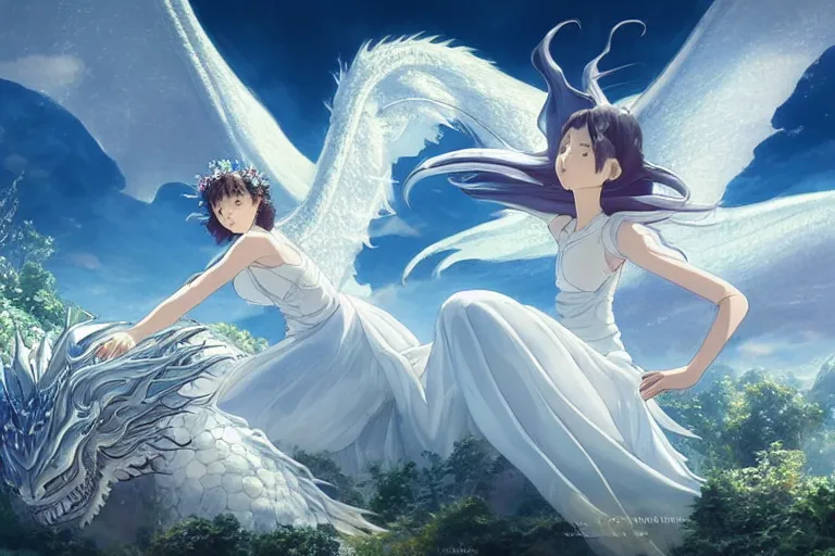 Image similar to the beautiful hyper detailed big scene render that a beautiful girl sitting on the back of a huge silver white dragon alone in fairyland surrounded by white clouds, finely detailed angelic face delicate features, style of studio ghibli, makoto shinkai, raphael lacoste, artgerm, karol bak, kazuki tanahashi, james jean, ross tran, ultra wide angle