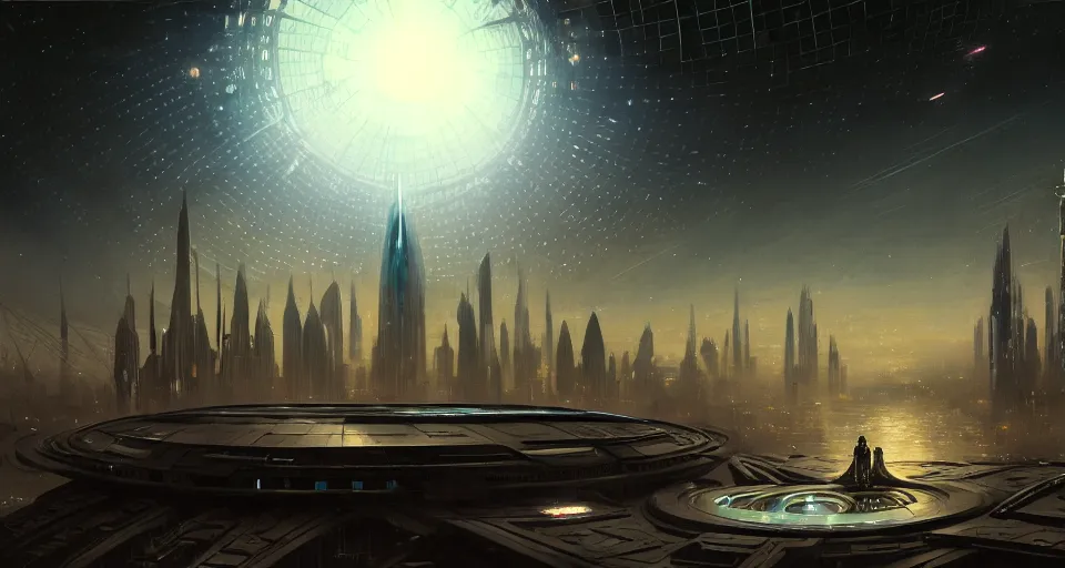 Image similar to cinematic shot, futuristic city on the moon inside a giant geodesic dome, utopian, night, stars, digital painting, artstation, concept art, smooth, sharp focus, illustration, intricate, elegant, highly detailed, in the style of greg rutkowski and alphonse mucha and artemisia, 8 k, highly detailed, jurgens, rutkowski