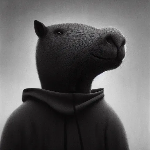 Image similar to a portrait of a capybara wearing a black hood, cloak covering face, anatomically correct, beautiful perfect face, enigmatic, oil painting, matte, black background, volumetric dynamic lighting, highly detailed, cinematic lighting, unreal engine, 8 k, hd, by beksinski