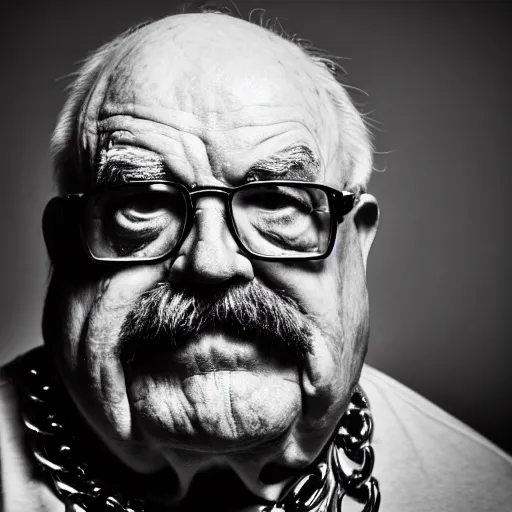 Prompt: dslr portrait photo still of wilfred brimley as a gangsta rapper with gold chains and gold teeth grills, 8 k, 8 5 mm f 1. 8