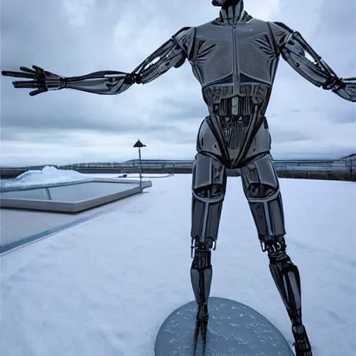 Image similar to made of ice, a realistic detailed photo of a guy who is an attractive humanoid who is half robot and half humanoid, who is a male android, on display, blank stare, showing off his muscles, shiny skin, posing like a statue, by the pool, frozen ice statue, f 1 driver max verstappen, humanoid robot