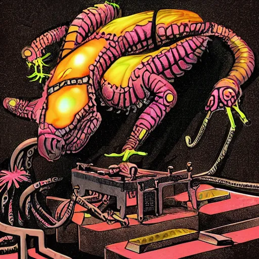 Prompt: the rhythmic rattling of a mechanical reptile, his Shadow is a wraith who feasts on sweets. a paradoxically sweet-scented colorful concotion laid out to trap the beast with cyanide hidden in its sauce. the mess of pie stains the beast's nostrils as it devours in textural and subliminal hypnotic spirals, lashing its tongue through its serrated teeth with envy, envy for the past self who had not yet seen such a pastry and was sent, vectorized, flattened