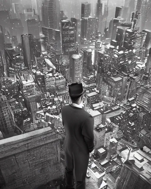 Image similar to a night rooftop scene, close up shot of a photorealistic gangster wearing a trench coat looking at the city below, unreal engine, hyper realism, realistic shading, cinematic composition, realistic render, octane render