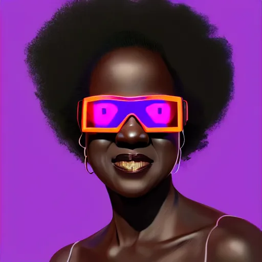 Image similar to viola davis wearing opaque reflective goggles profile picture by Greg Rutkowski, brown skin, long afro hair, asymmetrical, futuristic, neon volumetric lights, cool colors, streetwear, studio ghibli, Organic Painting , Matte Painting, geometric shapes, hard edges, street art, trending on the artstation, fantasy LUT, realistic by Sachin Teng + Martin Grip + Moebius, techwear, Industrial Scifi, detailed illustration, character portrait,