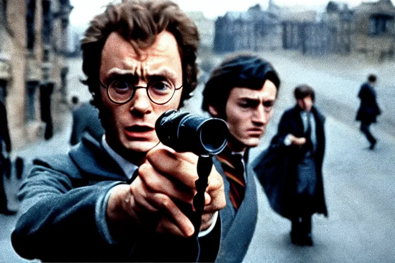 Image similar to Dirty Harry Potter, 1970s crime drama cinematic closeup movie photo, Arri Alexa 65, DSLR, dof, by Bill Gekas and Bruno Walpoth and Antoine Verney-Carron