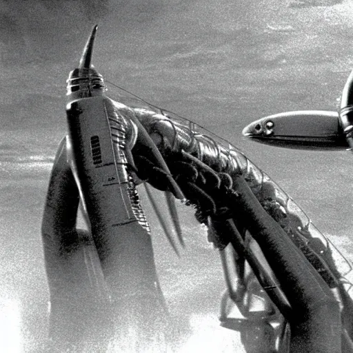 Prompt: close up of the martians attacking thunderchild from war of the worlds, cinematographic shot,