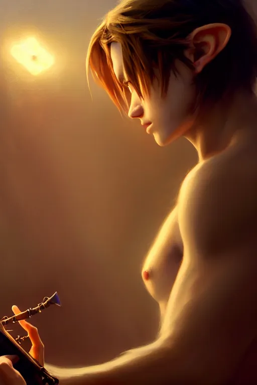 Prompt: cinematic shot of an epic portrait of link playing ocarina, shiny skin, beautiful eyes, beautiful, small details, night setting, realistic poster with volumetric light from craig mallism, artgerm, jeremy lipkin and michael garmash, unreal engine, radiant light, detailed and complex environment, digital art, trends at art station, a masterpiece