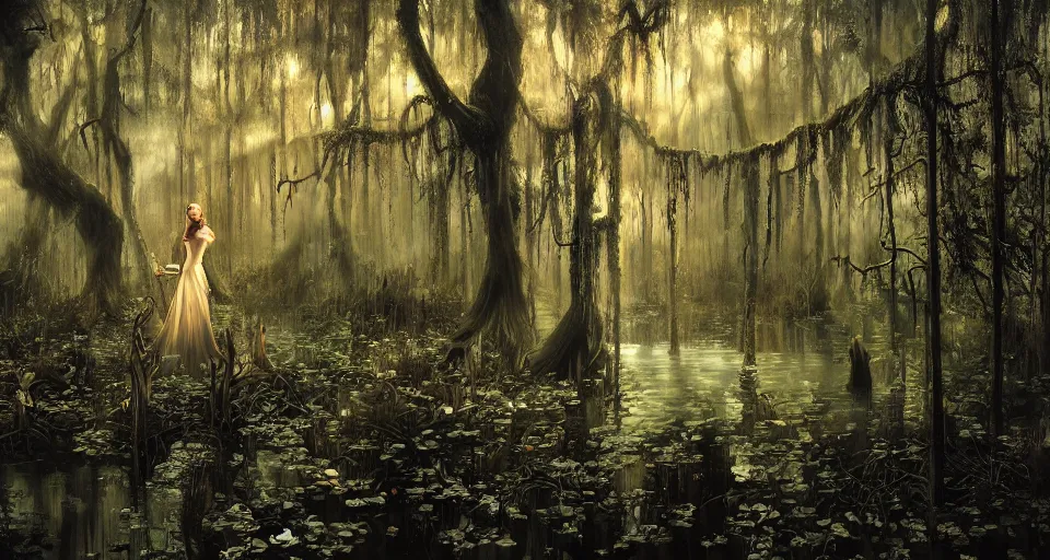 Image similar to A dense and dark enchanted forest with a swamp, by Rob Hefferan