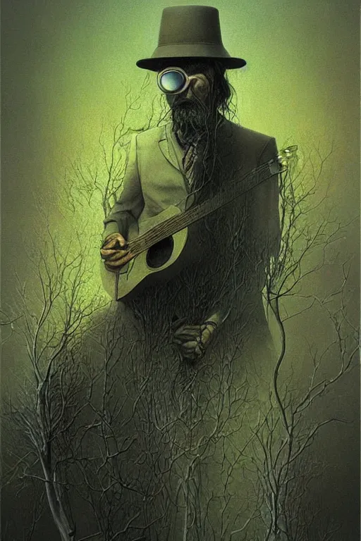 Prompt: a portrait of Les Claypool from Primus, psychadelic digital painting by Zdzislaw Beksinski