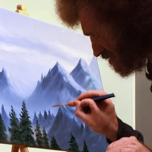 Image similar to a closeup photorealistic photograph of bob ross working on a canvas painting of darth vader. film still. brightly lit scene. mountains and trees. this 4 k hd image is trending on artstation, featured on behance, well - rendered, extra crisp, features intricate detail, epic composition and the style of unreal engine.