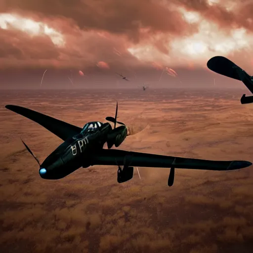 Image similar to an epic dogfight between a p 3 8 lightning, p - 6 1 black widow, full color, 8 k cinematic photography, explosions in the background, parachutes, ultra realistic digital art, unreal engine, style of keith ferris