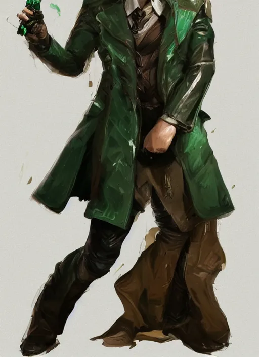 Image similar to a highly detailed illustration of thick wavy brown haired young white guy wearing brown detective trench coat and wearing dark green mask, with many long mechanical arms on his back, dramatic standing pose, intricate, elegant, highly detailed, centered, digital painting, artstation, concept art, smooth, sharp focus, league of legends concept art, WLOP