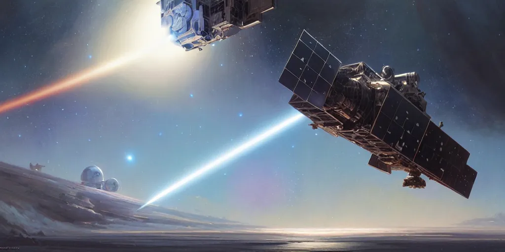 Image similar to hyper realistic sci - fi matte concept art painting of a space satellite shooting a laser down at earth, beautiful details, strong composition painted by kim jung guweta studio rutkowski, james gurney and greg rutkowski, and lucasfilm, smooth, intricate, detailed, sharp focus, cinematic