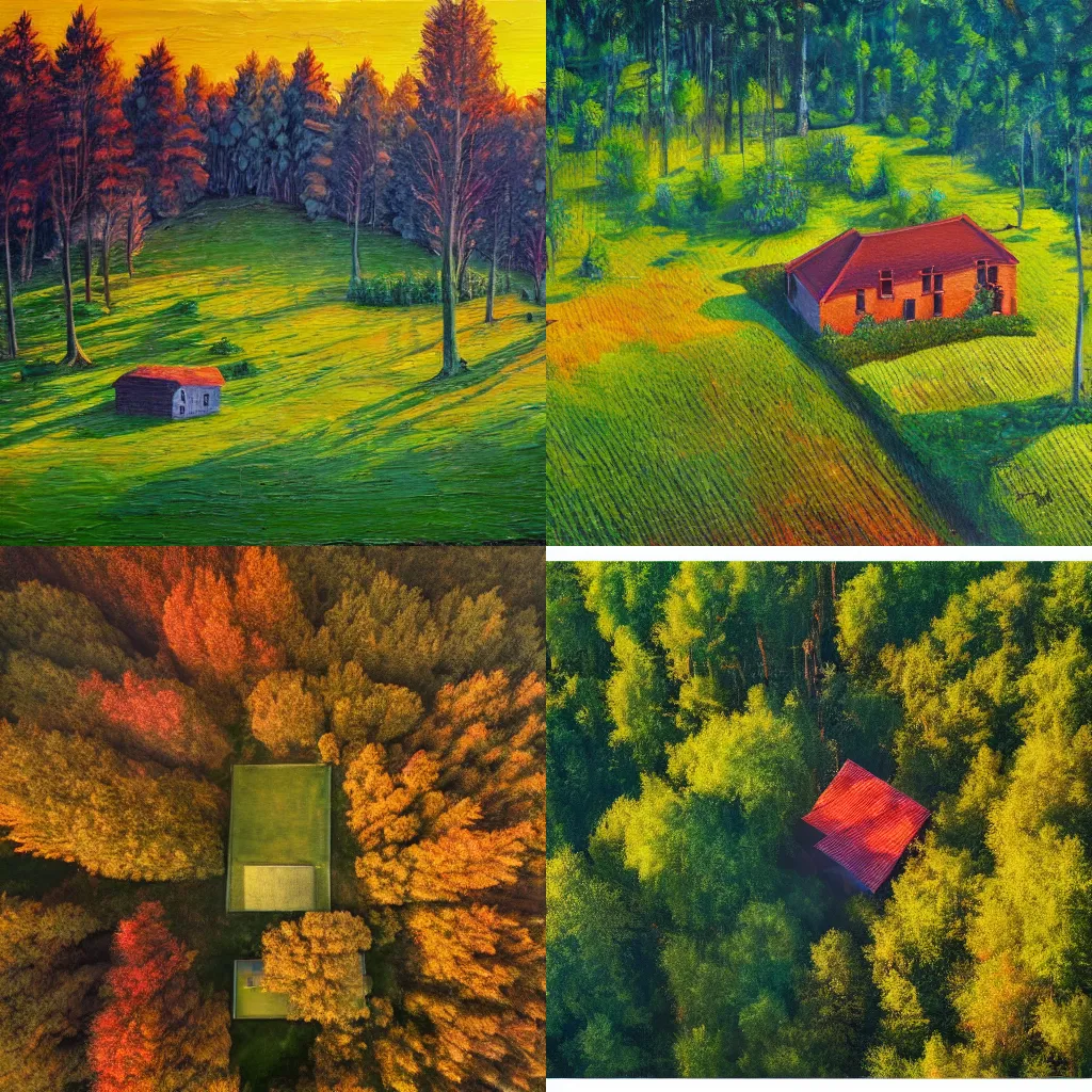 Prompt: a romantic grassy landscape with a singular house during golden hour, a dense mysterious dark forest in the background, warm colors, wide angle, top view, high detail, modern art, oil painting