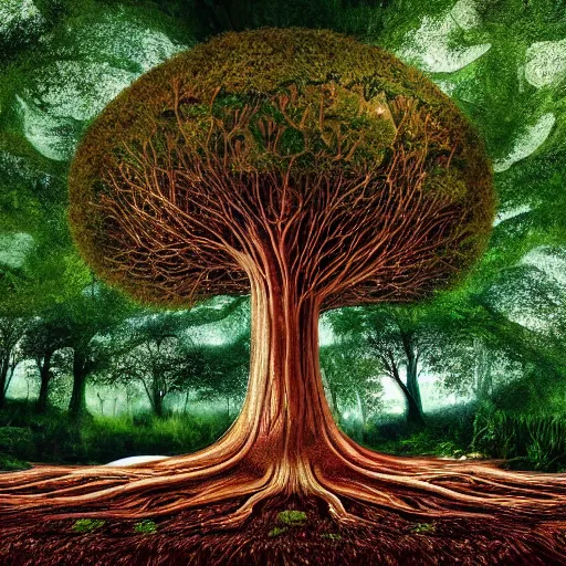 Prompt: world tree, massive tree, tree, roots, treant, subtle patterns, intricate texture, highly detailed, alien world, fungal, underwater, light shafts, light diffusion, natural, fireflies, magical, magical tree, fungal growth, fractal fungus, mushroom fractals, tree house