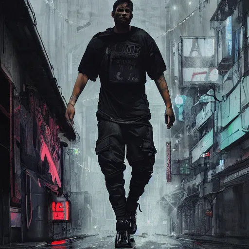 Image similar to A man wearing Acronym J36-S pants and Acronym P30A-DS and black Nike Air Force 1 sneakers, high quality, digital art, dirty cyberpunk city, greg rutkowski