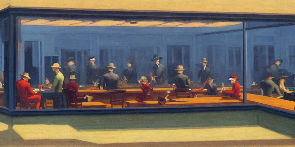 Prompt: painting, view from inside edward hopper's painting nighthawks, of a group of werebears robbing a bank, foggy