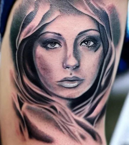 Image similar to realism tattoo sketch of a isabelledeltore face double exposure mountain scenery, in the style of matteo pasqualin, amazing detail, sharp, faded