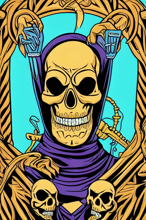 Image similar to A portrait of a skeletor that is a gangster, sticker, colorful, illustration, highly detailed, smooth and clean vector curves, no jagged lines, vector art, smooth