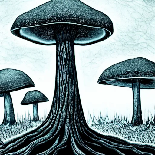 Prompt: mushroom trees viewed from the burning forest floor with a god ray drawn by John Avon